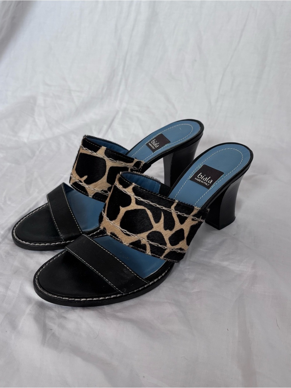 Biala Black and Tan Leopard Print Heeled Slide Sandals made in Italy 5.5